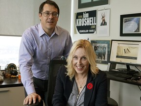 Former Edmonton city councillor Kim Krushell and her husband Jay Krushell. Kim Krushell is now president of a start-up IT company named Lending Assist, a software company designed to handle the complexities of commercial lending to make transactions easier and faster between lenders and lawyers.