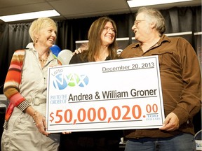 Susan Green, acting Chair of the Alberta Gaming and Liquor Commision, presents a $50-million cheque to Andrea and Bill Groner, more than seven months after Andrea bought the lucky ticket.