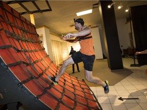 Fitset CEO Tim Gourlay tries out a fully equipped, 50,000 sq-ft. Ninja Warrior-style obstacle complex at Kingsway Mall on Thursday, Nov. 1, 2018.