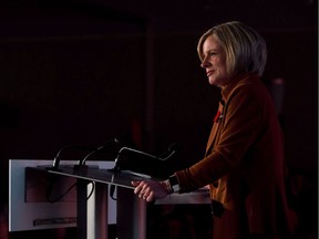 Rachel Notley speaks during the Alberta NDP Convention in Edmonton on Sunday, Oct. 28, 2018. Premier Rachel Notley handed out a carbon tax break for drillers and criticism of Ottawa's lack of appreciation of current discounts on western Canadian oil.