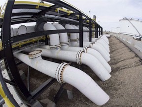 Pipes are seen at the Kinder Morgan Trans Mountain facility in Edmonton on April 6, 2017.