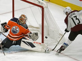 Colorado Avalanche center Alexander Kerfoot scored on Edmonton Oiler goalie Cam Talbot during NHL action in Edmonton on November 11, 2018.