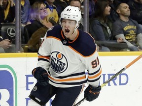 Edmonton Oilers forward Drake Caggiula celebrates after scoring a goal against the Nashville Predators on Oct. 27, 2018.