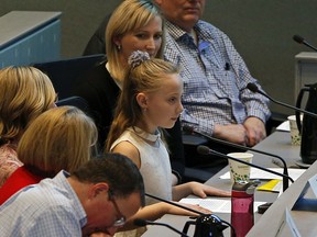 Amelie Tessier (9-years-old) addressed the Mayor and city council during a public forum at Edmonton City Hall on Thursday November 15, 2018 to stress the importance of building a new recreation centre in west Edmonton. (PHOTO BY LARRY WONG/POSTMEDIA)