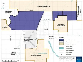 Edmonton will officially annex land in Leduc County Jan. 1. 2019. People in the highlighted areas officially become Edmonton residents but will pay county tax rates for 50 years.