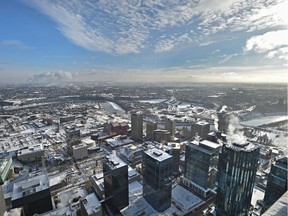 A view of downtown from the 69th floor of the Stantec Tower, which is now the highest tower in Western Canada as ICE District celebrates the final topping off of the tower in Edmonton on Nov. 16, 2018.
