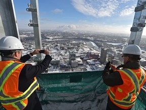 With a view like this you have to take pictures. Standing on the 69th floor of the Stantec Tower, which is now the highest tower in Western Canada as ICE District celebrates the final topping off of the tower, in Edmonton on Friday, Nov. 16, 2018.