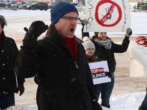 Guy Quenneville leads a rally outside Stony Plain provincial court on Friday, Nov. 16, 2018. The Stop the Violence rally was held in support of his son Liam Quenneville who was beaten, stabbed and robbed at gun point in Spruce Grove on Oct. 27.