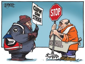 CUPW striker and small business retailer square off with competing signs. (Cartoon by Malcolm Mayes)