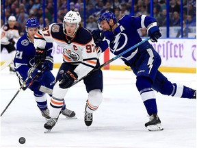 Connor McDavid #97 of the Edmonton Oilers carries the puck during a game against the Tampa Bay Lightning at Amalie Arena on November 6, 2018 in Tampa, Florida.