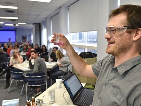 Graduate student Quinn McCashin instructing at the Canadian Glyomics Network which held a daylong workshop for 40 Edmonton-area high school science teachers on carbohydrates -and hands-on ways to study them in a science classroom at the University of Alberta in Edmonton, November 30, 2018.