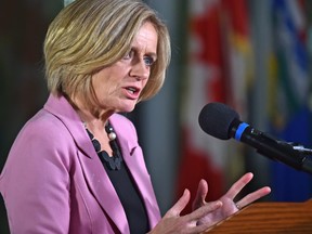 Premier Rachel Notley speaks at a news conference where she announced moves to restrict oilsands production in face of oil price crisis, at the Federal Building in Edmonton, December 2, 2018. Ed Kaiser/Postmedia