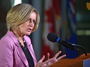 Premier Rachel Notley speaks at a news conference where she announced moves to restrict oilsands production in face of oil price crisis, at the Federal Building in Edmonton, December 2, 2018. Ed Kaiser/Postmedia