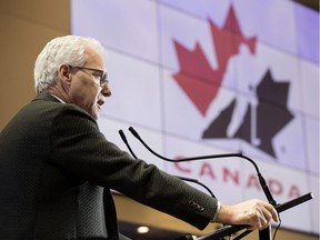 Hockey Canada CEO Tom Renney takes part in a press conference to announce that the 2021 IIHF World Junior Championship will be held in Edmonton and Red Deer, in Edmonton Thursday Dec. 6, 2018.