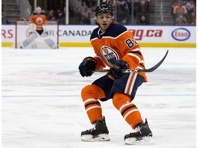 The Edmonton Oilers' Caleb Jones (82) during third period NHL action against the Philadelphia Flyers at Rogers Place, in Edmonton Friday Dec. 14, 2018. The Oilers won 4-1.