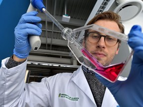 Matt Anderson-Baron, founder and lead scientist at Future Fields. in the lab of the Edmonton startup that is researching the production of cultured poultry meat products on Dec. 7, 2018.