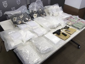 More than $1 million worth of drugs including close to nine kilograms of cocaine, nine kilograms of cocaine buffing agent, cannabis resin, a small quantity of methamphetamine and about $45,000 in cash, have been seized by police. (Supplied photo/ALERT)