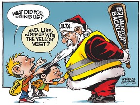 Ottawa and Quebec face equalization backlash from Santa Alberta. (Cartoon by Malcolm Mayes)