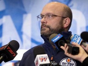Edmonton Oilers' President of Hockey Operations and General Manager Peter Chiarelli speaks to the media about the team's recent trades at Rogers Place, in Edmonton Monday Dec. 31, 2018.