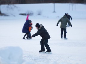 Skaters are shown on the ice at the Hawrelak Park pond. While stormwater ponds around the city may look inviting to skaters, Epcor warns that ice conditions on those ponds are unpredictable and unsafe. Skaters can use skating surfaces in city parks, like the one at Hawrelak.