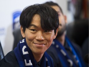 Son Yongchan. left, and Ajay Khabra, right, are two of the new players announced by FC Edmonton on Thursday, Dec. 13, 2018, in Edmonton.