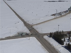 The wreckage of a fatal crash outside of Tisdale, Sask., is seen Saturday, April, 7, 2018.