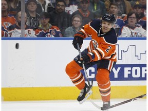 Edmonton's Andrej Sekera (2) takes a shot during the third period of an NHL game between the Edmonton Oilers and the Buffalo Sabres at Rogers Place in Edmonton, Alberta on Tuesday, Jan. 23, 2018.