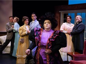 Leona Brausen, centre in purple dress, played Lady Bracknell in The Importance of Being Earnest by Teatro La Quindicina.