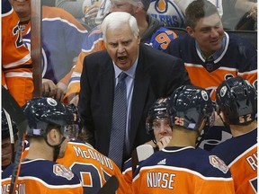 Edmonton Oilers head coach Ken Hitchcock on the bench during NHL hockey game action against the Dallas Stars in Edmonton on Tuesday November 27, 2018.