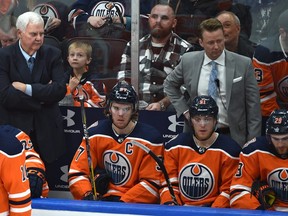 Edmonton Oilers head coach Ken Hitchcock behind not a happy bench after losing to the San Jose Sharks 7-4 during NHL action at Rogers Place in Edmonton, December 29, 2018. Ed Kaiser/Postmedia