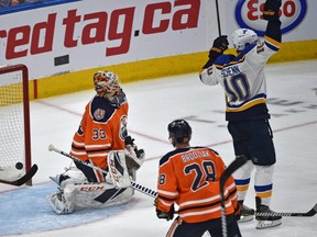 St. Louis Blues Brayden Schenn (10) celebrates Vladimir Tarasenko's goal on Edmonton Oilers goalie Cam Talbot (33) in NHL action at Rogers Place in Edmonton, December 18, 2018. Ed Kaiser/Postmedia