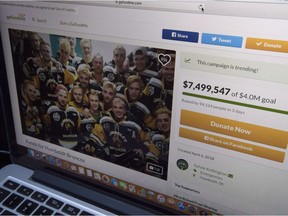 A GoFundMe page for the Humboldt Broncos is seen on a computer near Tisdale, Sask., on April, 10, 2018. A court hearing related to money raised following the Humboldt Broncos bus crash is the first real test of Saskatchewan's efforts to regulate crowdfunding campaigns, says the lawyer for the memorial fund. The Humboldt Broncos Memorial Fund Inc. will ask the Saskatchewan Court of Queen's Bench for an initial order Wednesday that would declare a GoFundMe campaign a public appeal, authorize the money to be held in trust and approve an interim payment of $50,000 each to the 13 survivors and the families of the 16 people who died after the April 6 crash. The GoFundMe campaign raised $15.2 million in donations from all over the world.