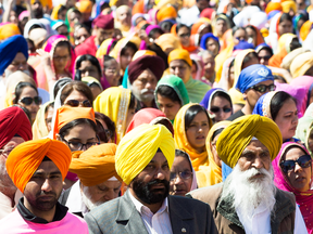 Sikhs take part in a festival parade in Edmonton.
