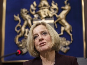 Alberta Premier Rachel Notley speaks to cabinet members about an 8.7 percent oil production cut to help deal with low prices, in Edmonton on Monday December 3, 2018.