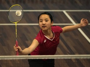 Joanna Xu competes in the U15 category at the Yonex Alberta Junior Circuit Gold badminton tournament held at the Calgary Winter Club in Calgary from December 7-9, 2018. (PHOTO BY LARRY WONG/POSTMEDIA)