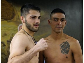 Erik Bazinyan (left) and Adrian Flores (right) at the official weigh-in on December 13, 2018. They will fight in the main event at KO Boxing's "Path To Glory" fight card held at the Shaw Conference Centre in Edmonton on Friday December 14, 2018.