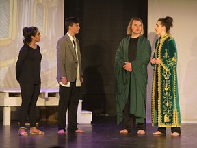 Laura Olivares, Dayton Walters, Jacob Lajeunesse and Jenna Shultz take part in a Cappies production of Odyssey at Louis St. Laurent School on Wednesday, Nov. 28, 2018.