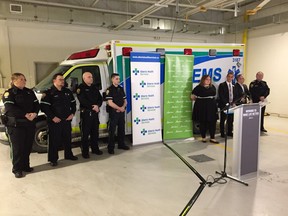 Alberta Health Minister Sarah Hoffman announces new ambulances and more than 100 additional paramedics at the Queen Mary Park EMS Station, 11737 108 Ave. NW, in Edmonton on Friday, Dec. 7, 2018.