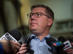 Premier Scott Moe speaks to members of the media about a variety of subjects during a press conference at the Saskatchewan Legislative Building.