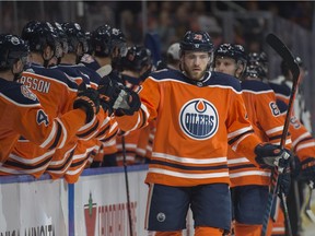 Leon Draisaitl of the Edmonton Oilers celebrates his first-period goal against the Minnesota Wild at Rogers Place in Edmonton on Friday, Dec. 7, 2018.