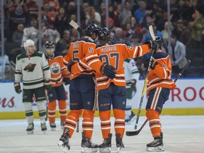 Connor McDavid of the Edmonton Oilers, celebrates his first period goal against the Minnesota Wild at Rogers Place in Edmonton on December 7, 2018.