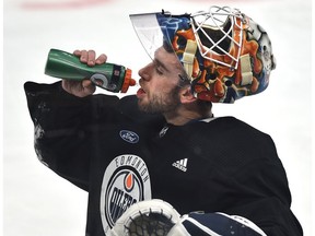 Edmonton Oilers goalie Cam Talbot takes a break during practice at Rogers Place in Edmonton, December 10, 2018.