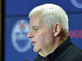 Edmonton Oilers head coach Ken Hitchcock talks to media after practice at Rogers Place in Edmonton, December 10, 2018. Ed Kaiser/Postmedia