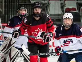 Game action as Canada's women's under 18 team hosts the USA in game three during Hockey Canada's Summer Showcase at Winsport's Markin McPhail Centre in Calgary, Alberta on August 19. 2018.