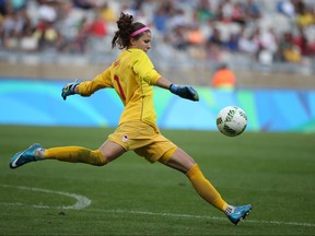 Canada goalkeeper Stephanie Labbe kicks the ball during a semifinal match of the women's Olympic football tournament between Canada and Germany at the Mineirao stadium in Belo Horizonte, Brazil, on Aug. 16, 2016.