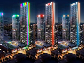 Proposed designs for digital signs on the exterior of Stantec Tower. Examples of the Pride lighting theme, left, Canada Day lighting theme and Oilers lighting theme.