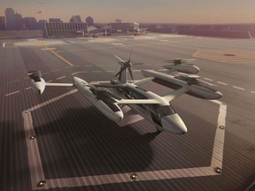 Vertical takeoff and landing craft (VTOLs), like this model from Uber, could be shuttling passengers from airports to downtown vertiports by the mid-2020s, according to reports and the dozen or so companies striving to build the first generation of flying cars.