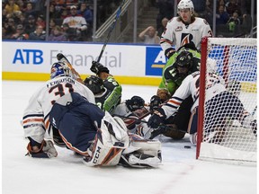 Edmonton Oil Kings Jalen Luypen (23) scored the first goal of the annual Teddy Bear Toss against the Kamloops Blazers on Saturday, Dec. 8, 2018, at in Edmonton.