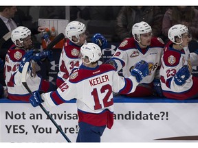 Edmonton Oil Kings Liam Keeler (12) celebrates his first goal against the Lethbridge Hurricanes during first period WHL action on Sunday, Jan. 13, 2019 in Edmonton.