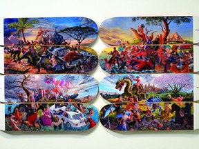Micheal Langan / Colonialism Skateboards Collaboration with Kent Monkman, The Four Continents, 2018. Skateboard desks.